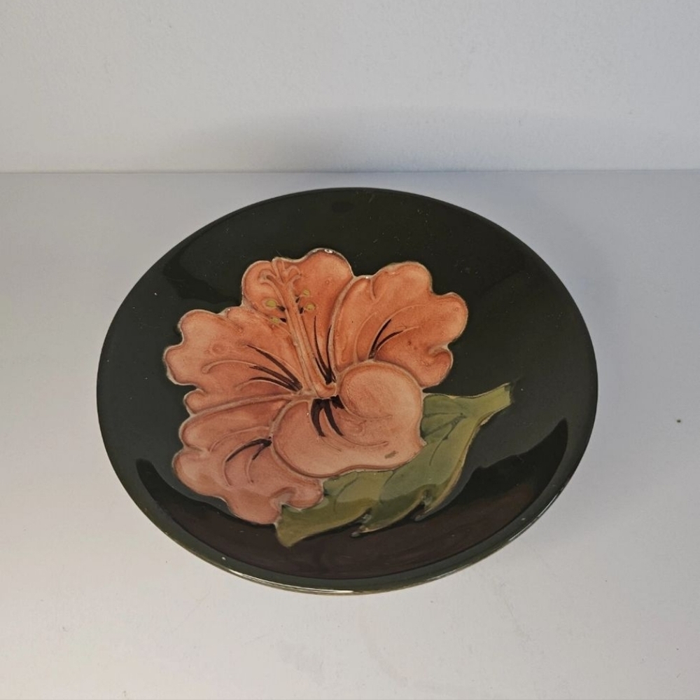 Moorcroft Mini Pin Bowl plate Hibiscus Glossy Ceramic Green Pink signed